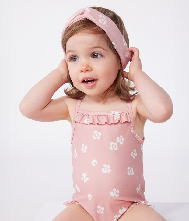 Babies' one-piece swimsuit with frills and a floral print. pink/white