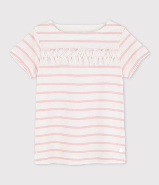 Girls' Short-Sleeved Cotton T-Shirt MARSHMALLOW white/MINOIS pink