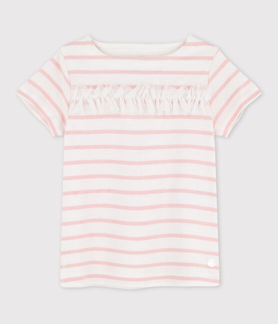 Girls' Short-Sleeved Cotton T-Shirt MARSHMALLOW white/MINOIS pink