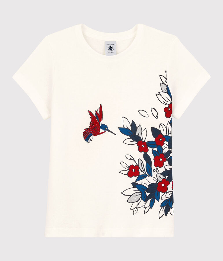 Girls' Short-Sleeved Cotton T-Shirt MARSHMALLOW white/TERKUIT red