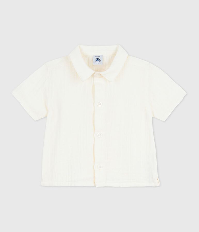 Babies' short-sleeved plain cotton/linen shirt MARSHMALLOW white