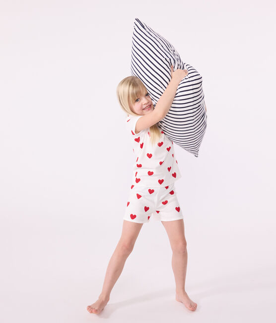 Girls' Heart Patterned Cotton Short Pyjamas MARSHMALLOW white/TERKUIT red