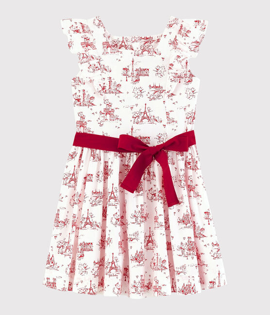 Girls' Short-Sleeved Poplin Dress MARSHMALLOW white/TERKUIT red