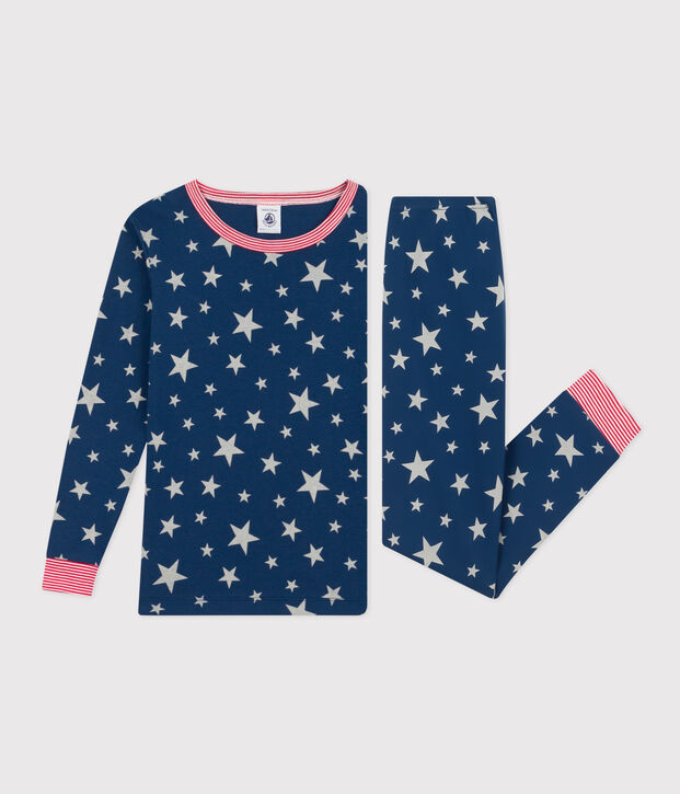 Children's glow in the dark star-printed cotton pyjamas blue/white