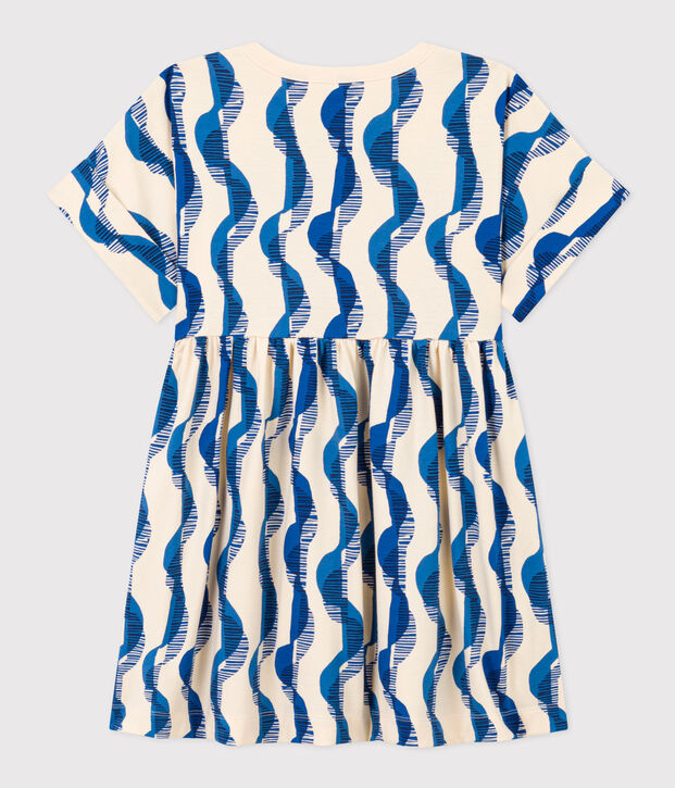Short-sleeved cotton dress with printed pattern for girls. Ecru/multicolor