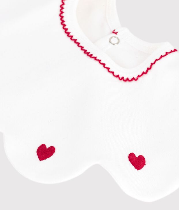 Babies' cotton bib with embroidered hearts white
