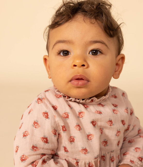 Babies' Long-Sleeved Cotton Gauze Dress SALINE pink/MULTICO white