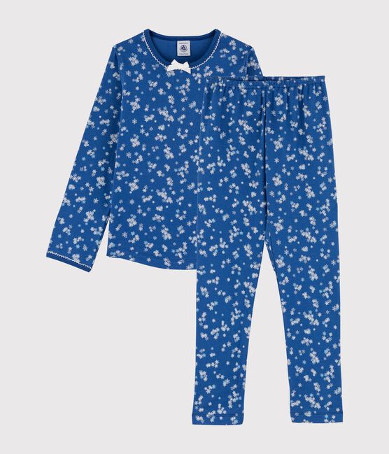 Girls' Snowflake Print Ribbed Pyjamas MAJOR blue/ECUME white