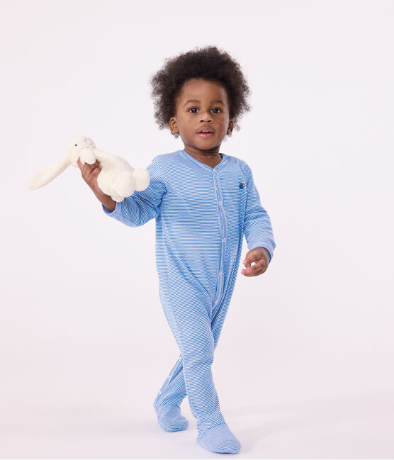Babies' stripy cotton pyjama suit DELPHINIUM /MARSHMALLOW