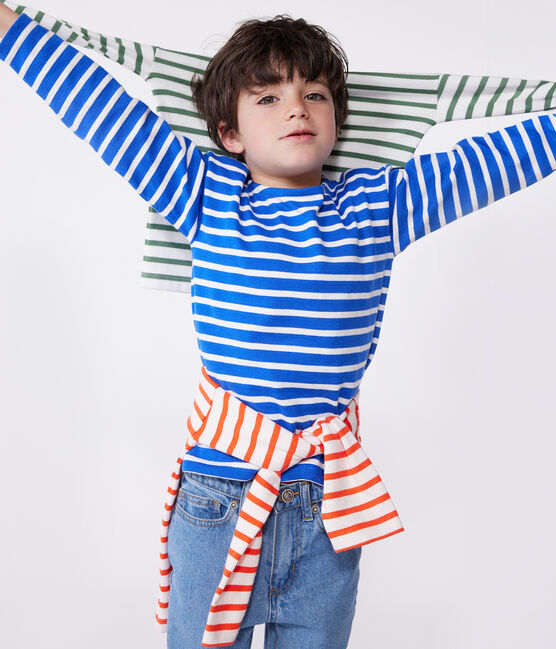 Children's unisex long-sleeved cotton Breton top PERSE blue/MARSHMALLOW white