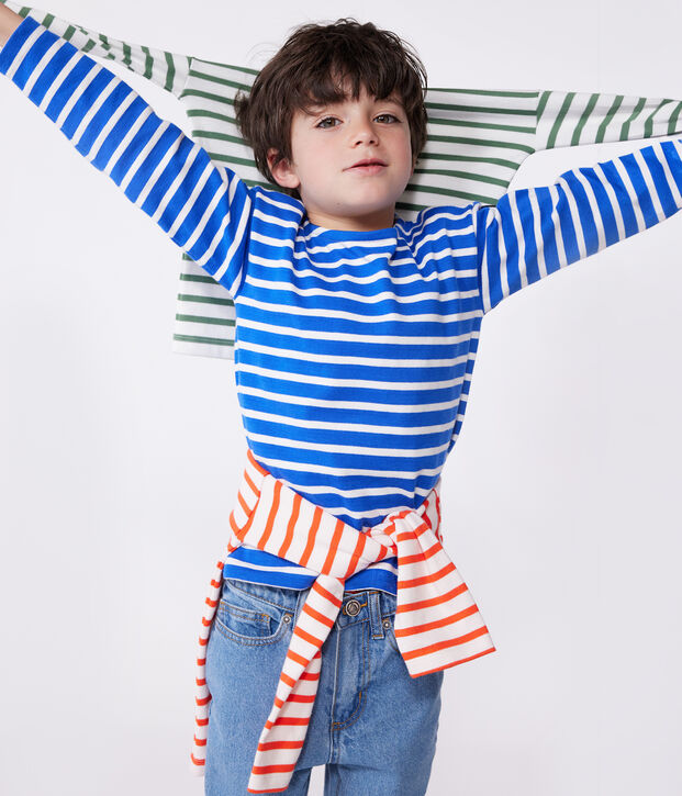 Children's unisex long-sleeved cotton Breton top blue/white