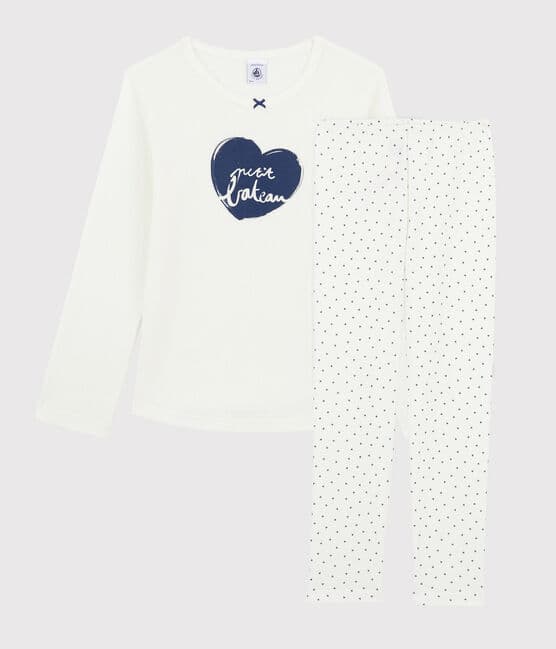 Girls' Mini-Hearts Ribbed Pyjamas MARSHMALLOW white/MEDIEVAL blue