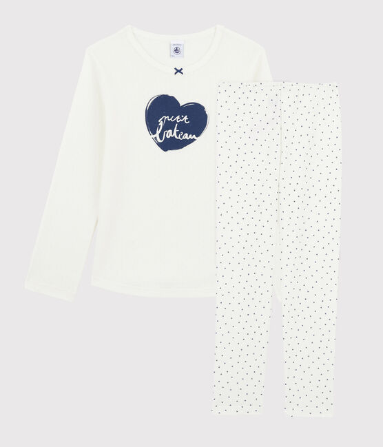 Girls' Mini-Hearts Ribbed Pyjamas MARSHMALLOW white/MEDIEVAL blue