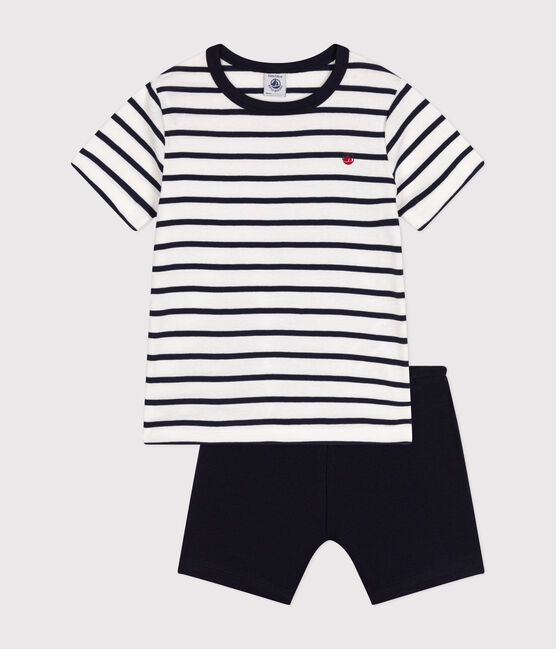 Boys' Short Cotton Pyjamas with Sailor Stripes MARSHMALLOW white/SMOKING blue