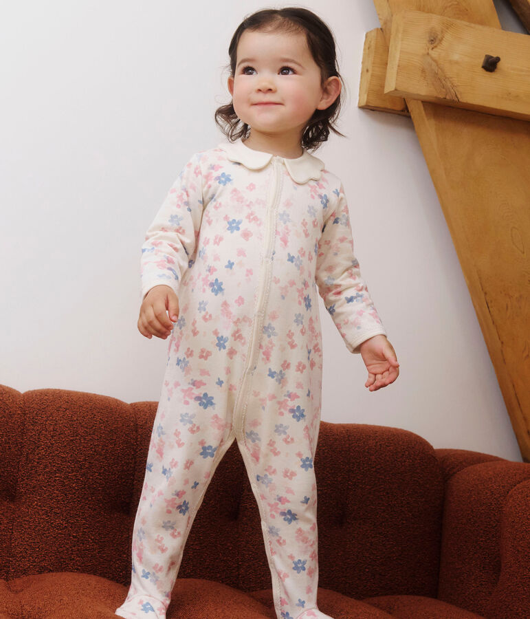 Babies' floral-print brushed fleece pyjamas with a petal collar Ecru/multicolor