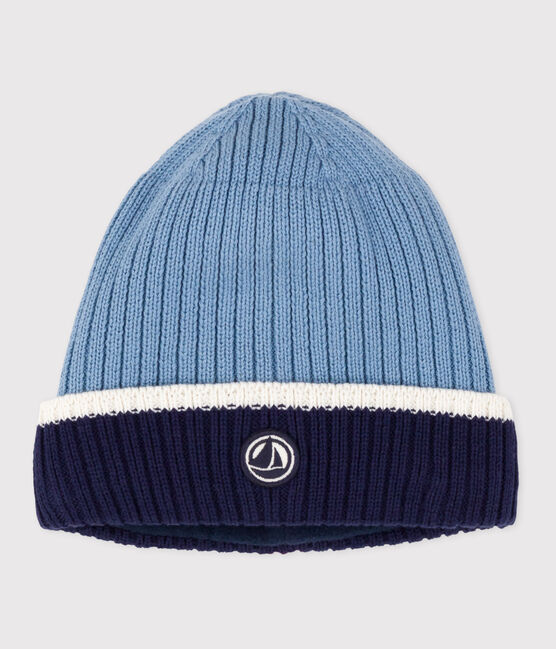 Children's knitted beanie hat lined in polar fleece ADRIATIC /MARSHMALLOW