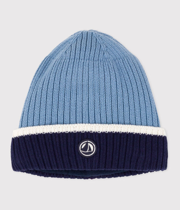 Children's knitted beanie hat lined in polar fleece blue/white