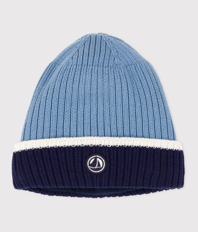 Children's knitted beanie hat lined in polar fleece blue/white