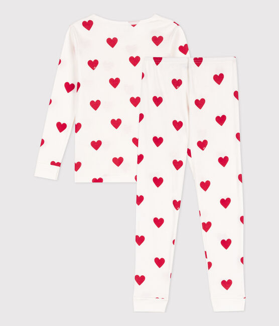 Children's unisex snug-fit cotton heart print pyjamas MARSHMALLOW white/TERKUIT red