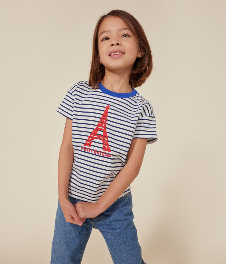 Children's short-sleeved jersey T-shirt white/blue