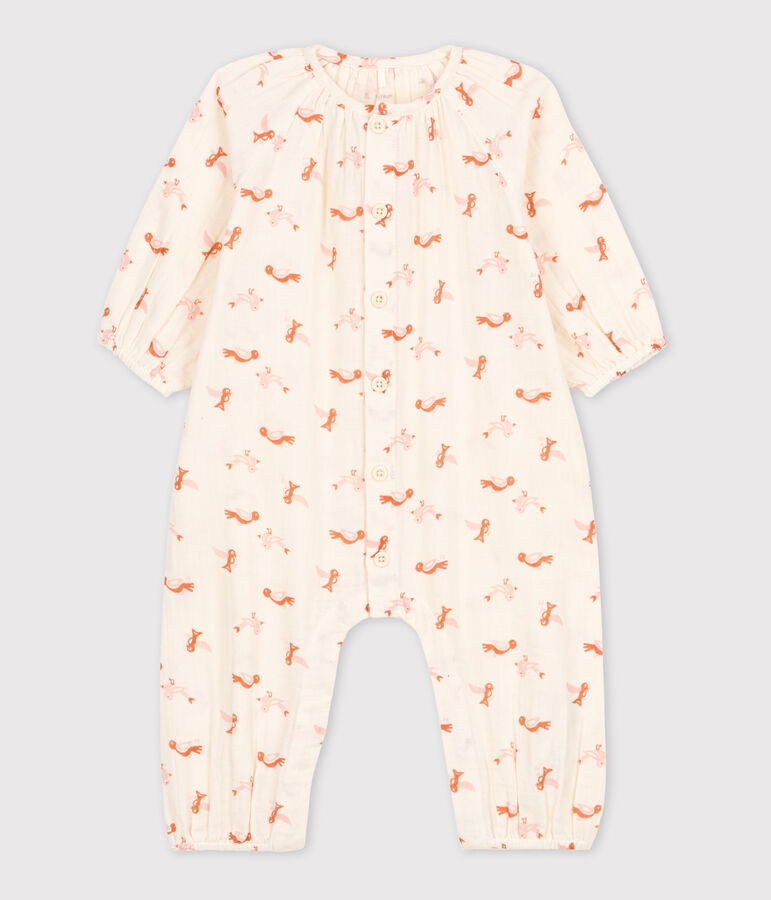 Babies' Bird Patterned Cotton Gauze Jumpsuit Ecru/multicolor