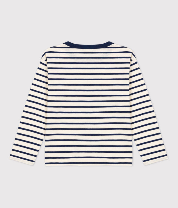Boys' Long-Sleeved Cotton T-Shirt Ecru/blue