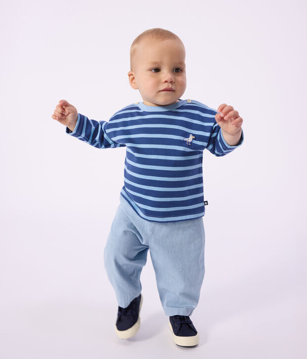 Babies' cotton Breton top with a seagull badge blue/blue