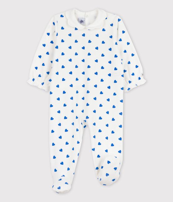 Babies' Small Blue Heart Patterned Velour Sleepsuit MARSHMALLOW white/BRASIER blue
