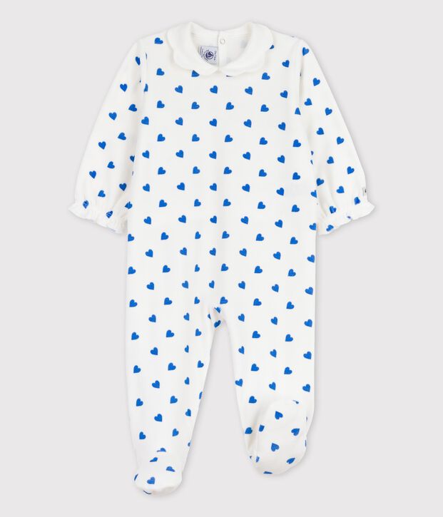 Babies' Small Blue Heart Patterned Velour Sleepsuit white/blue