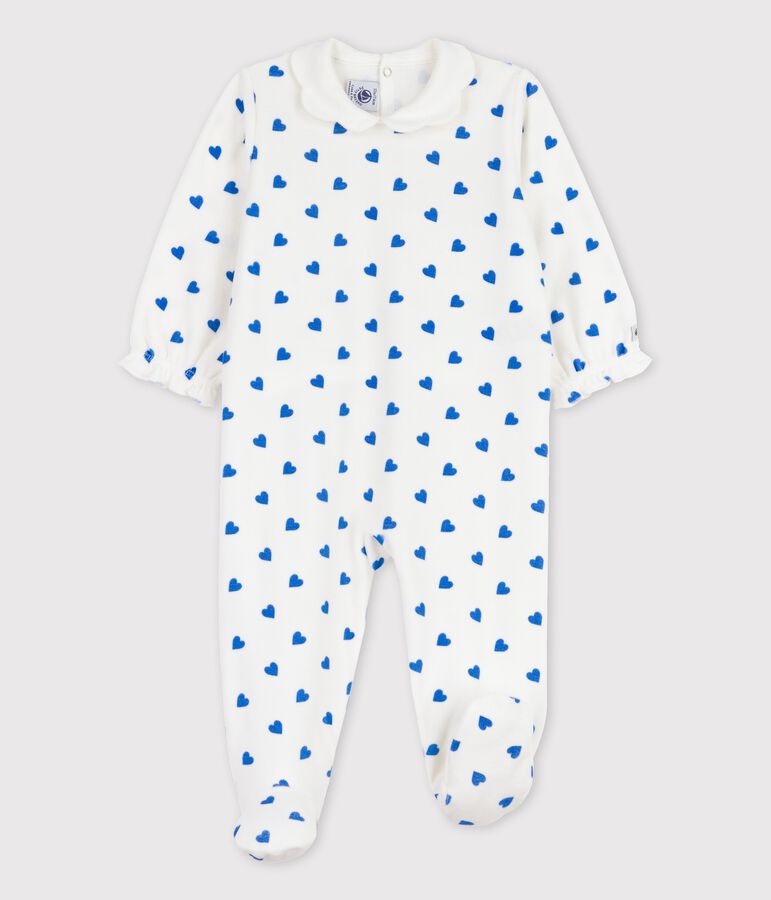 Babies' Small Blue Heart Patterned Velour Sleepsuit white/blue