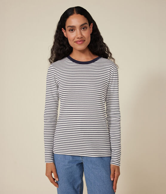 Women's Iconic Stripy Long-Sleeved Cotton T-shirt MARSHMALLOW white/SMOKING blue