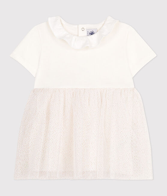 Babies' short-sleeved cotton and tulle dress with a ruff MARSHMALLOW white/COPPER pink