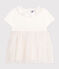 Babies' short-sleeved cotton and tulle dress with a ruff MARSHMALLOW white/COPPER pink