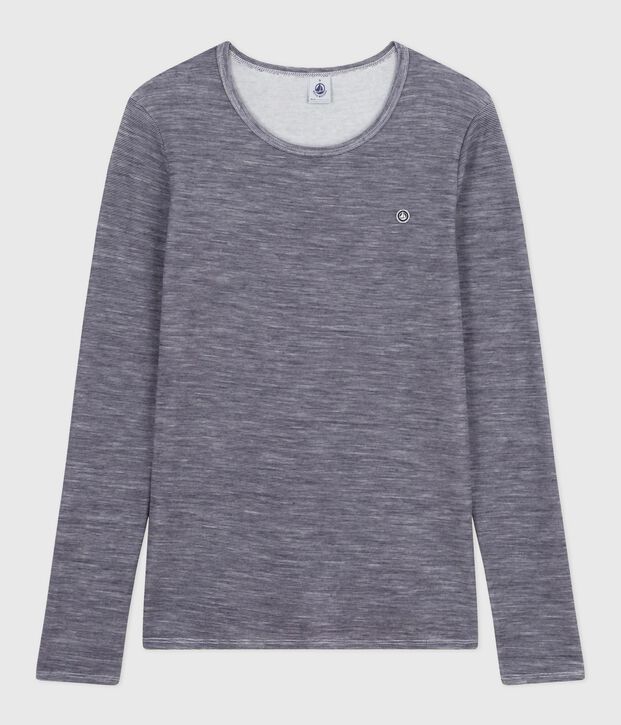 Women's long-sleeved striped wool and cotton T-shirt blue/white