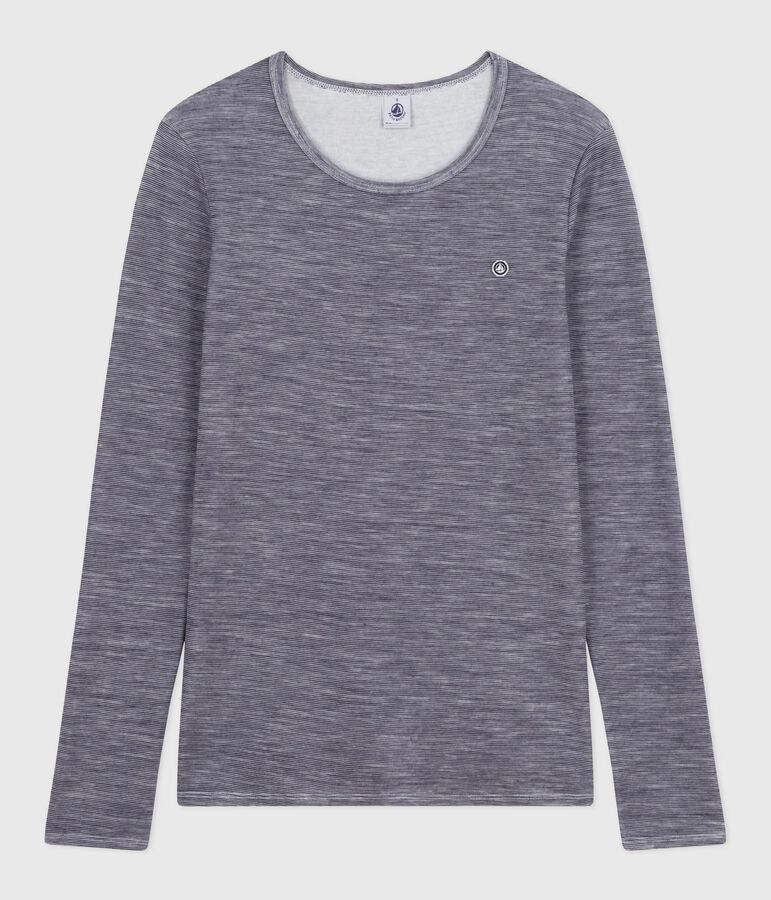 Women's long-sleeved striped wool and cotton T-shirt blue/white
