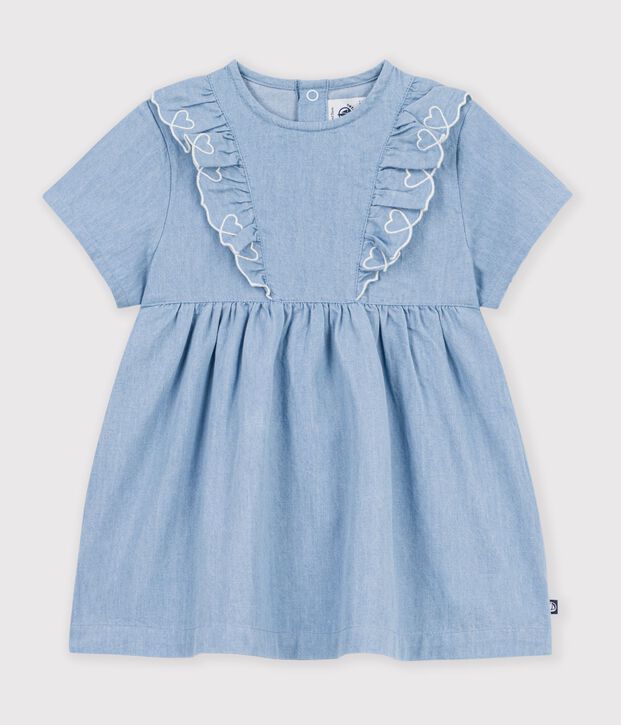 Short-sleeved chambray baby dress embroidered with hearts blue