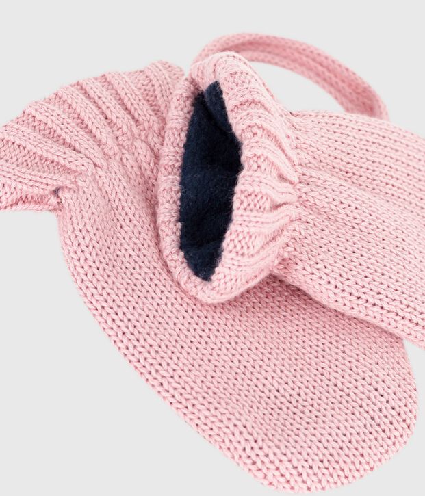 Babies' knitted mittens lined in polar fleece pink