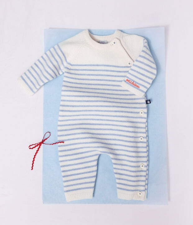 Babies' stripy wool and cotton knit playsuit blue/blue