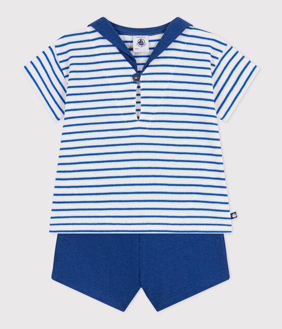 Babies' 2-piece cotton outfit, the T-shirt top has a sailor collar MILK blue/PERSE