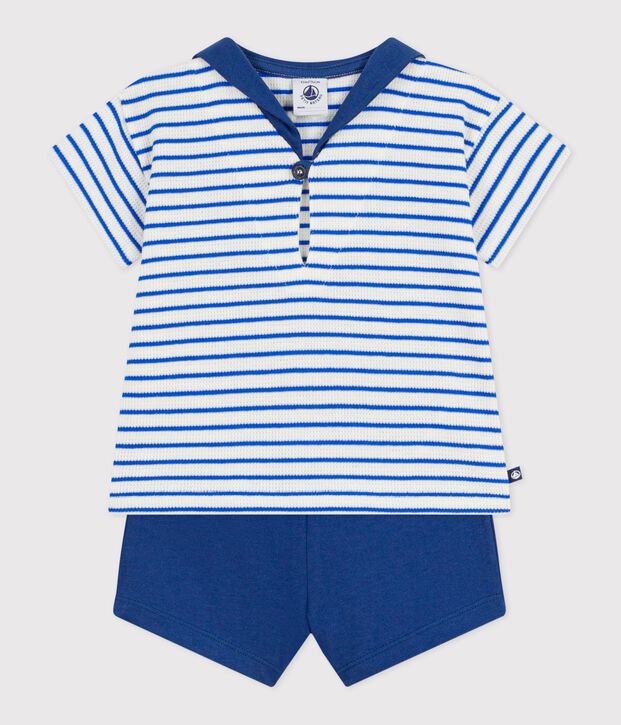 Babies' 2-piece cotton outfit, the T-shirt top has a sailor collar blue/blue