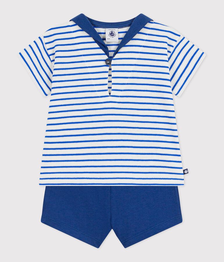 Babies' 2-piece cotton outfit, the T-shirt top has a sailor collar Ecru/blue