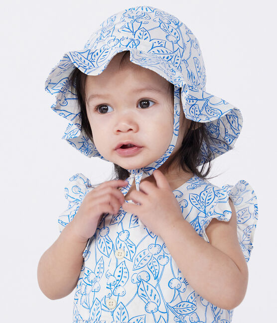 Baby girls' printed poplin floppy hat MARSHMALLOW blue/PORCELANA