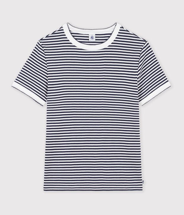 Women's short-sleeved stripy cotton T-shirt blue/white