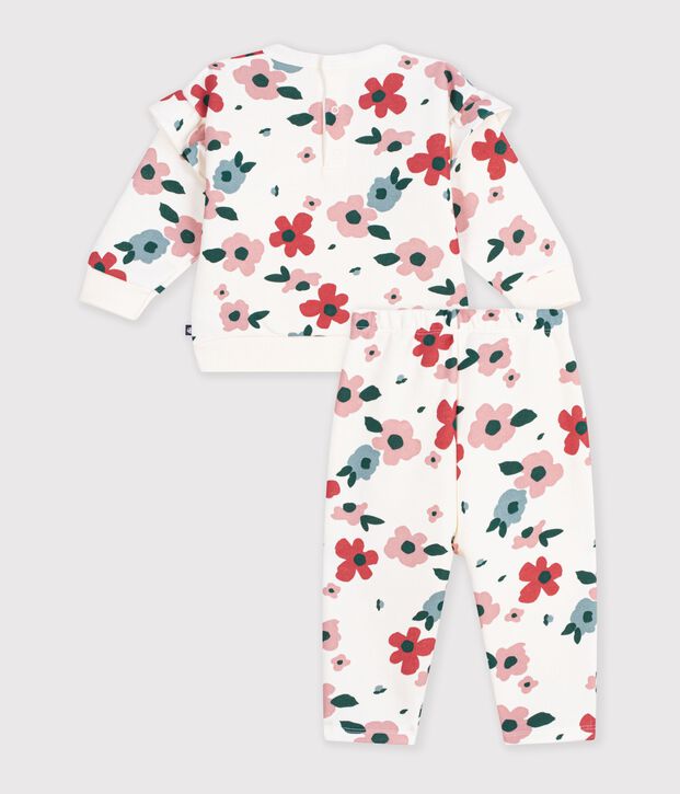 Babies' sweatshirt and trousers set in cotton with a flower print. Ecru/multicolor