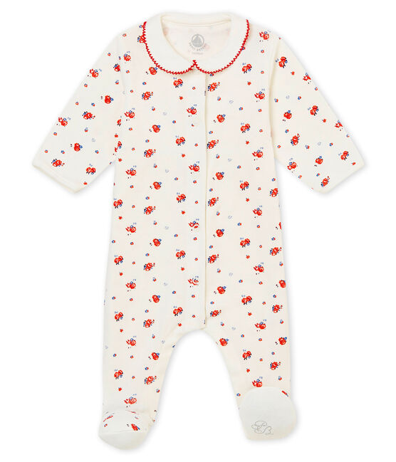 Baby girl's sleepsuit in brushed print soft cotton. MARSHMALLOW white/MULTICO white