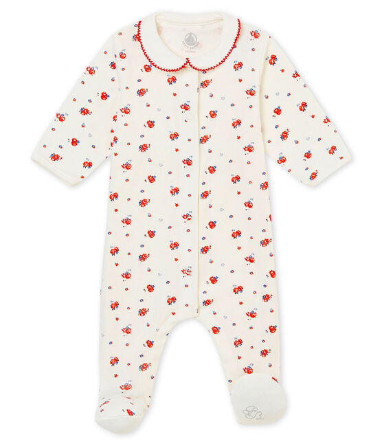 Baby girl's sleepsuit in brushed print soft cotton. MARSHMALLOW white/MULTICO white