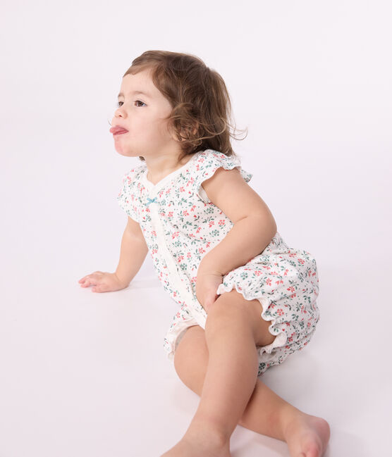 Babies' short floral cotton jumpsuit MARSHMALLOW white/MULTICO white