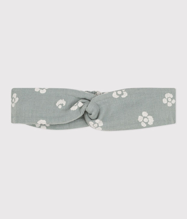 Baby headband in cotton gauze with flower print green/white