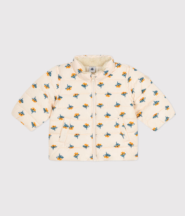 Babies' Patterned Puffer Jacket with Retractable Hood Ecru/multicolor