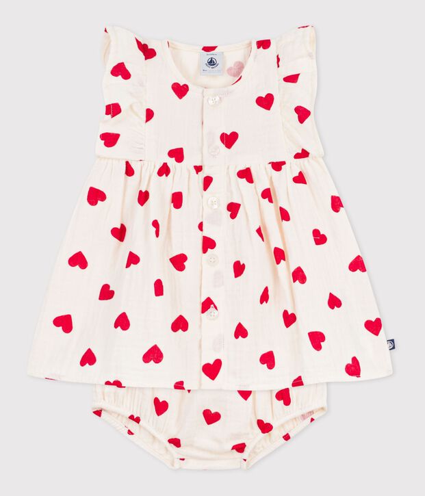 Babies' cotton baby dress with bloomers, printed with hearts red/red
